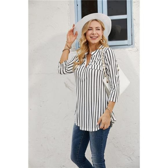 Women's 3/4 Sleeve Plaid Shirts Zip Floral Casual Tunic Blouse Tops - Picture 4 of 5